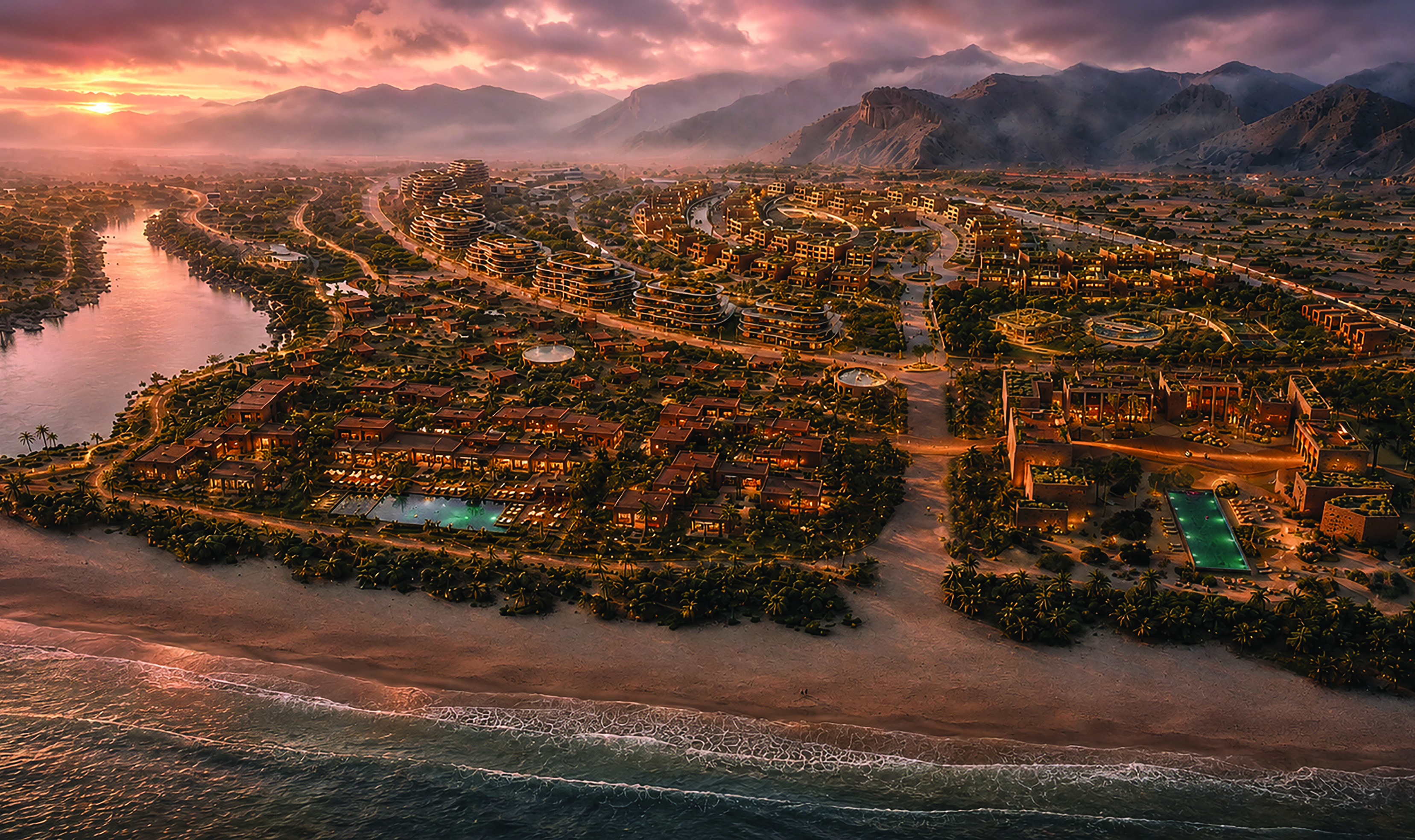 Cinematic Dhofar coastline at golden hour — the setting for Sacra's longevity platform